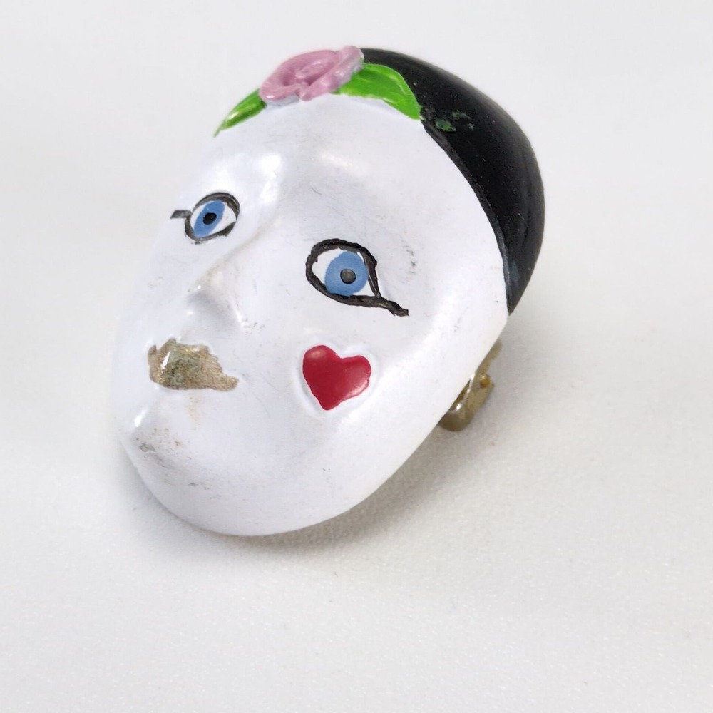 Vintage Hand Painted Lady Face Mask Brooch Pin Rose Venetian Carnival Style
